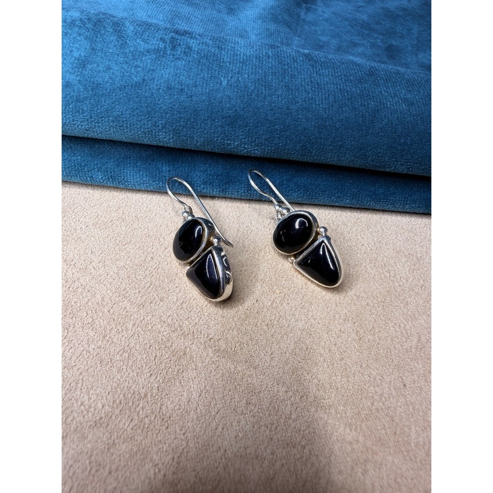 Vintage 925 Sterling Silver Two Stone Black Onyx Dangle Drop Earrings - Picture 3 of 4